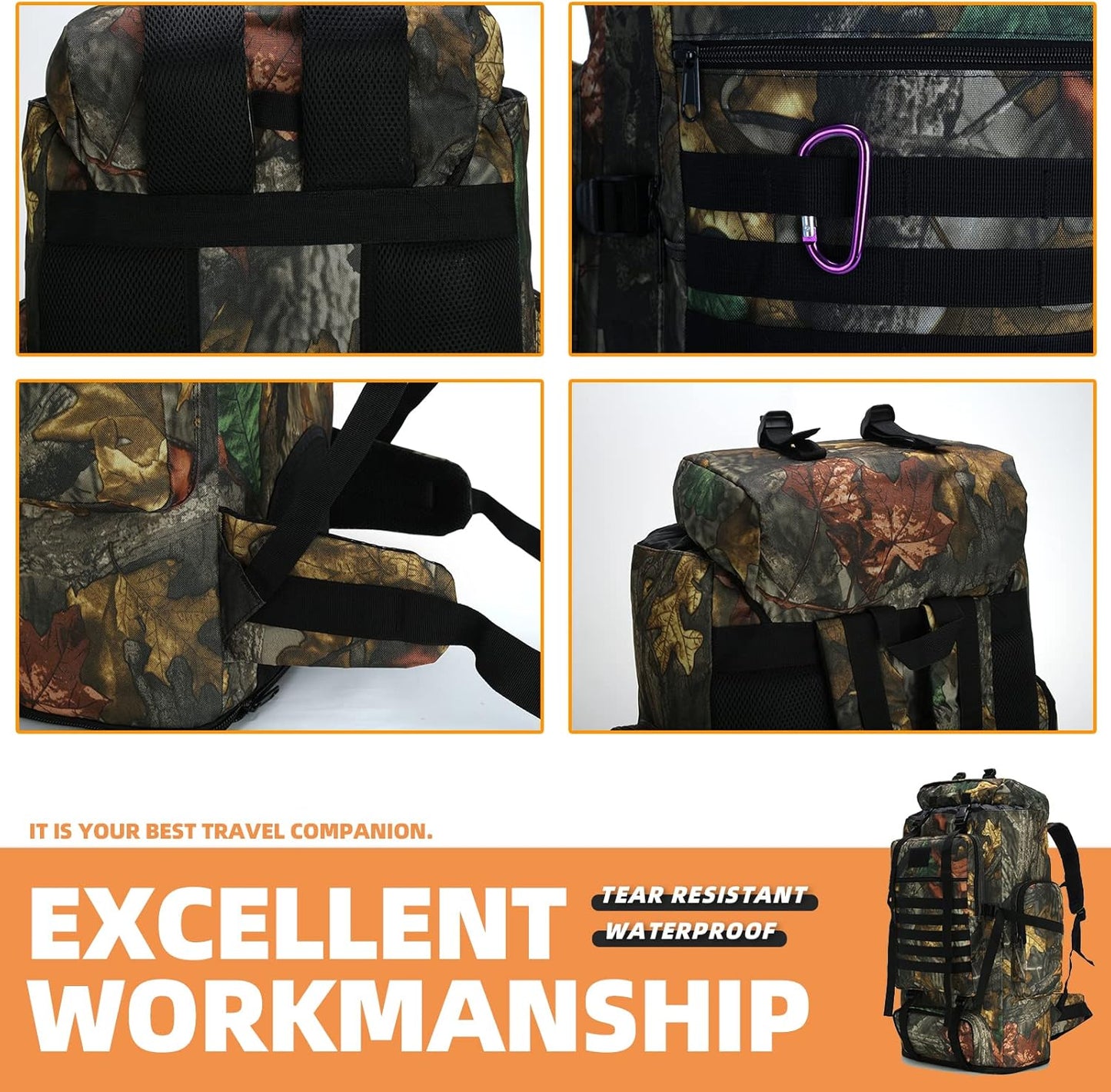 Close-up details of MOLLE backpack including stitching, straps, and tear-resistant fabric