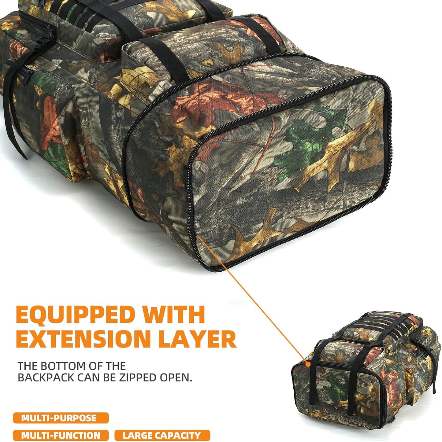 Camouflage hiking backpack showing bottom extension layer for extra storage capacity