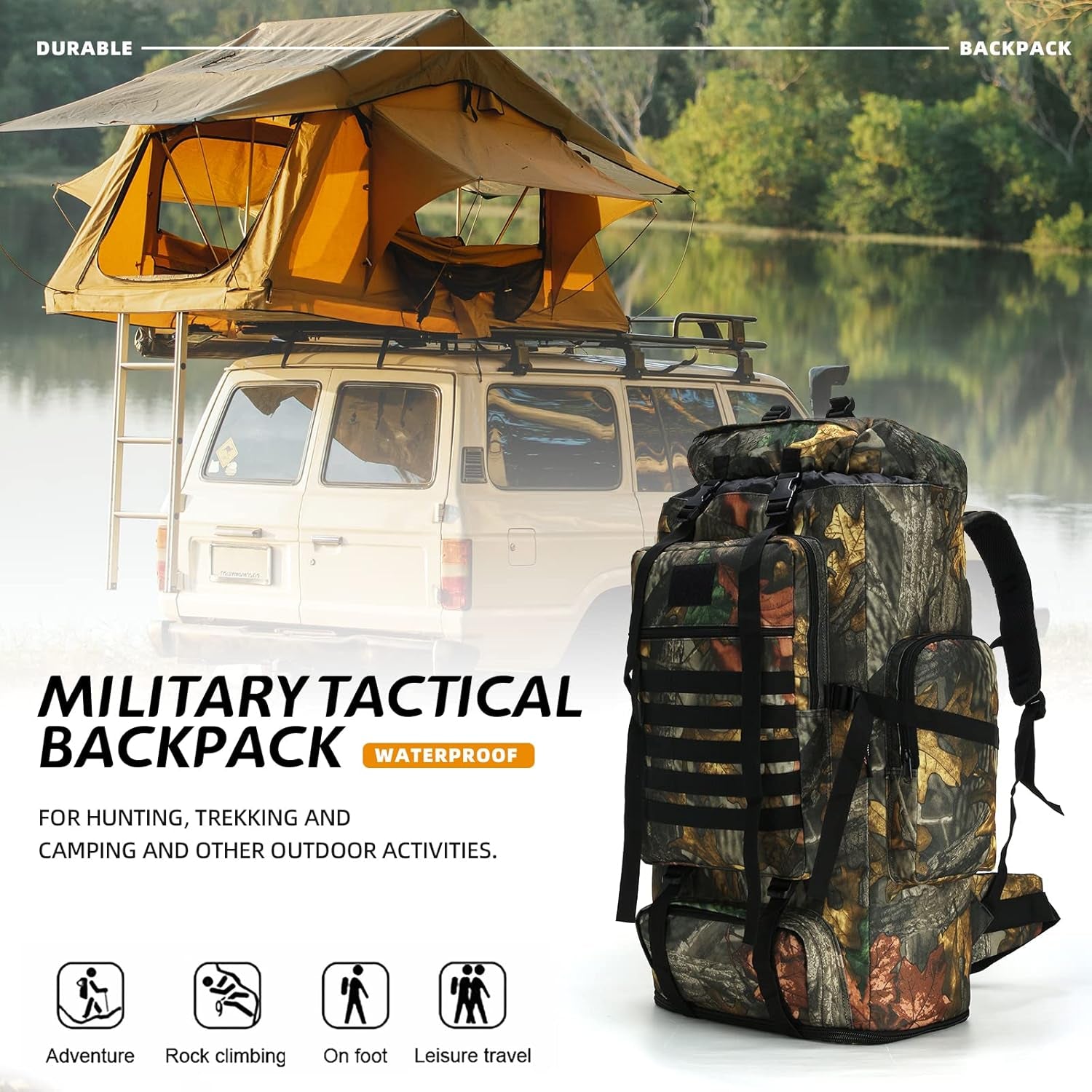 Military tactical waterproof backpack shown next to camping car setup in outdoor environment