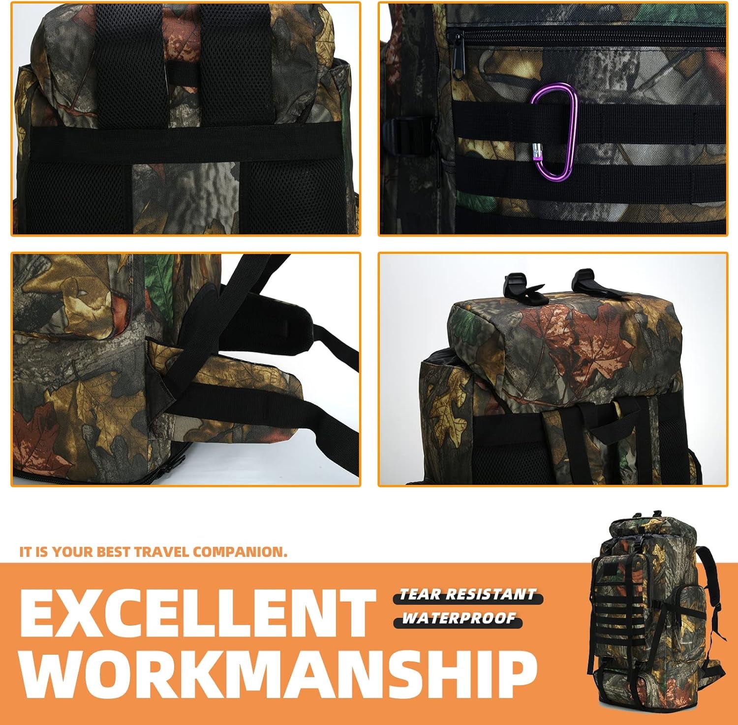 Close-up details of MOLLE backpack including stitching, straps, and tear-resistant fabric