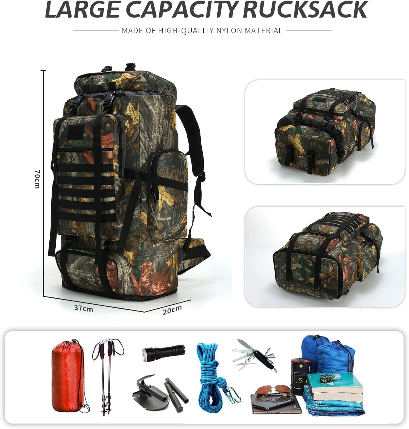 MOLLE tactical backpack with size measurements and included outdoor accessories