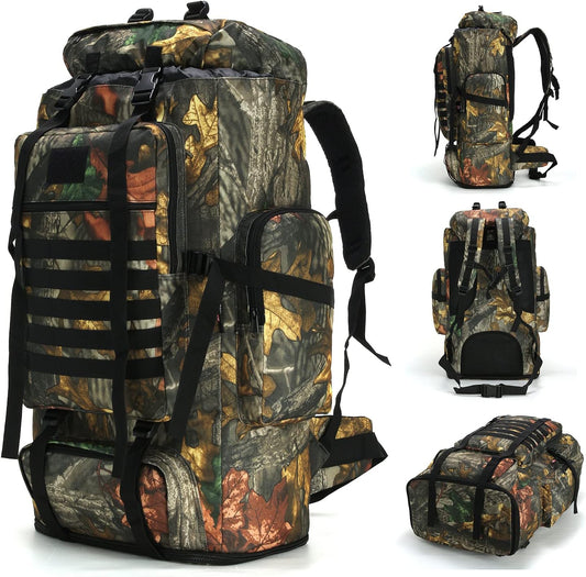 Large-capacity MOLLE camouflage backpack shown from multiple angles for hiking and camping