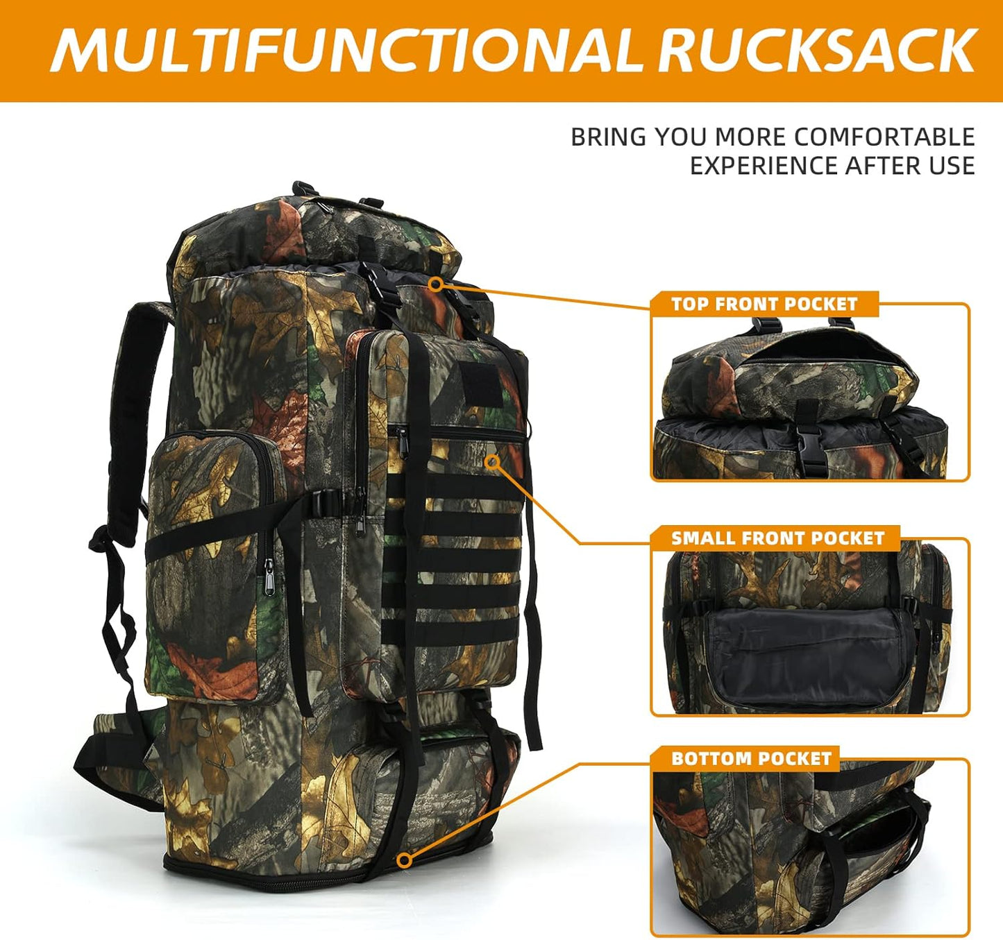Multifunctional MOLLE backpack with labeled pockets including top, small front, and bottom compartments