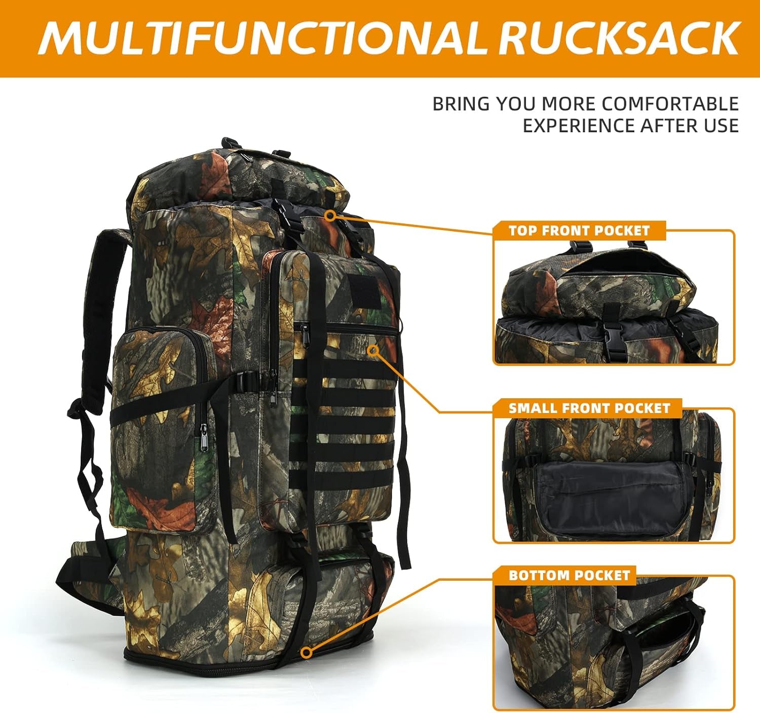 Multifunctional MOLLE backpack with labeled pockets including top, small front, and bottom compartments