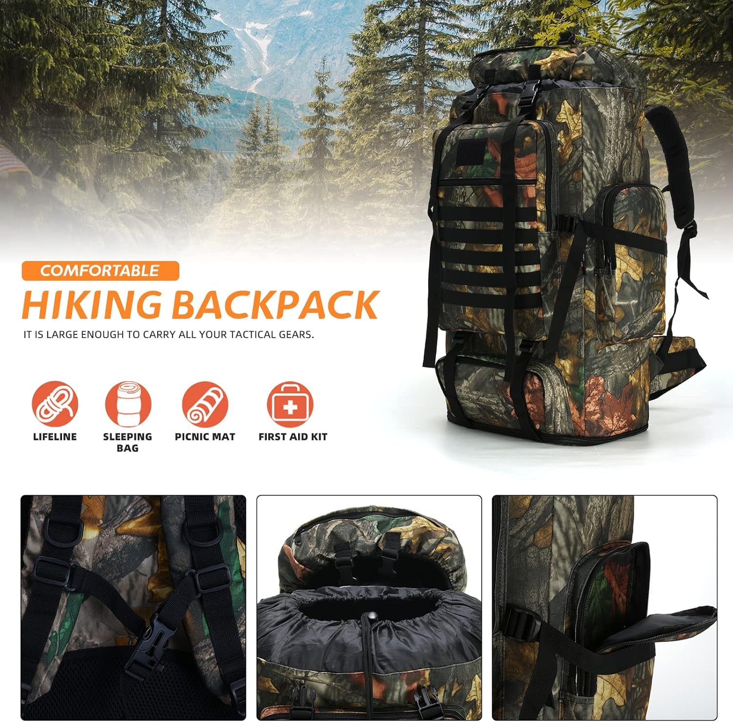 Camo hiking backpack displayed outdoors with icons showing its tactical uses